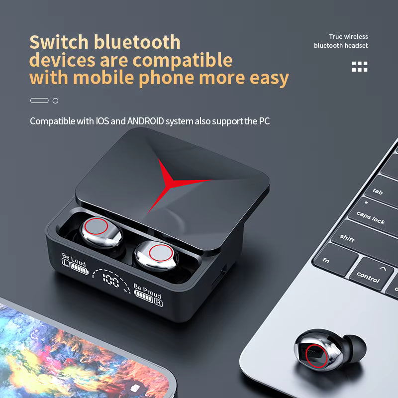 Wireless Earphones Gaming Style With Digital HUD On Case