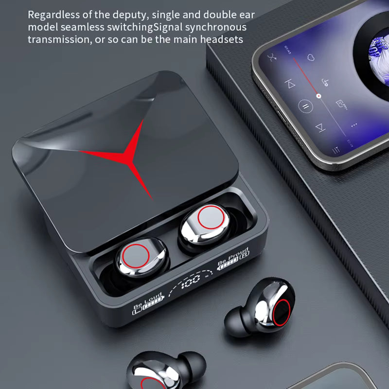 Wireless Earphones Gaming Style With Digital HUD On Case